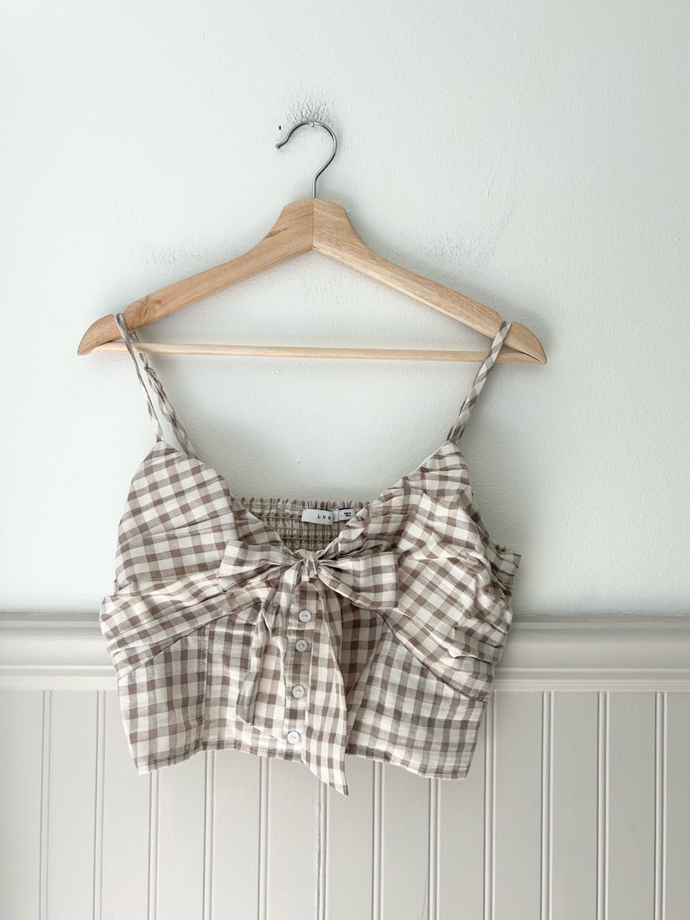 Lush Large Taupe Gingham Cami Crop Top Front Tie Bow Button Down